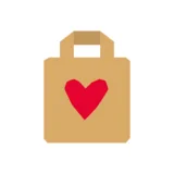 Eine Grafik mit einem braunen Tüte mit einem roten Herz darauf. 