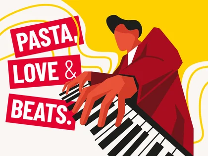 Eine Grafik mit einem Pianisten der Klavier spielt und mit dem Text "Pasta, Love & Beats".