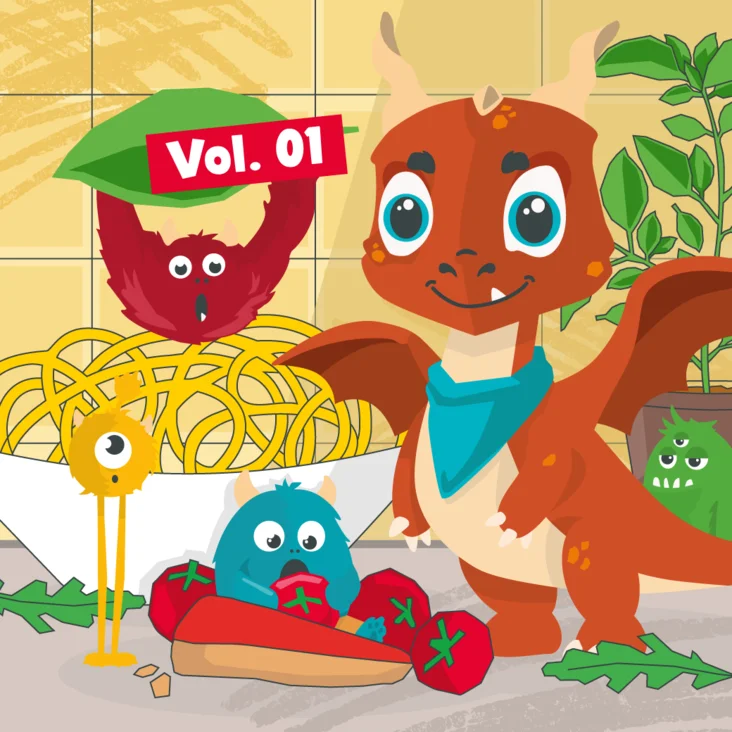 Grafik mit kleinen Monstern und einem freundlichen Drachen.