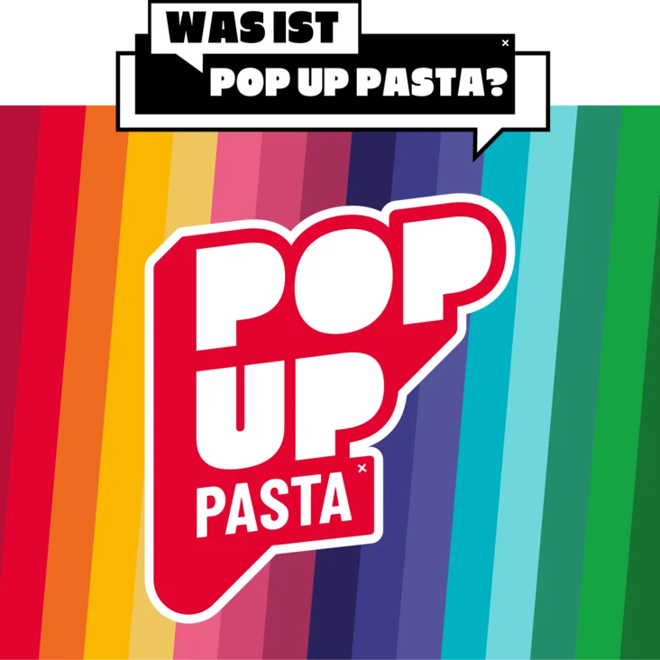 "Was ist POP UP Pasta?" und "POP UP PASTA" auf bunt-gestreiften Hintergrund.