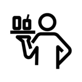 Ein schwarz-weisses Icon mit einer Person die ein Tablett trägt.