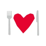 Eine Grafik mit einem roten Herz und Messer und Gabel daneben. 